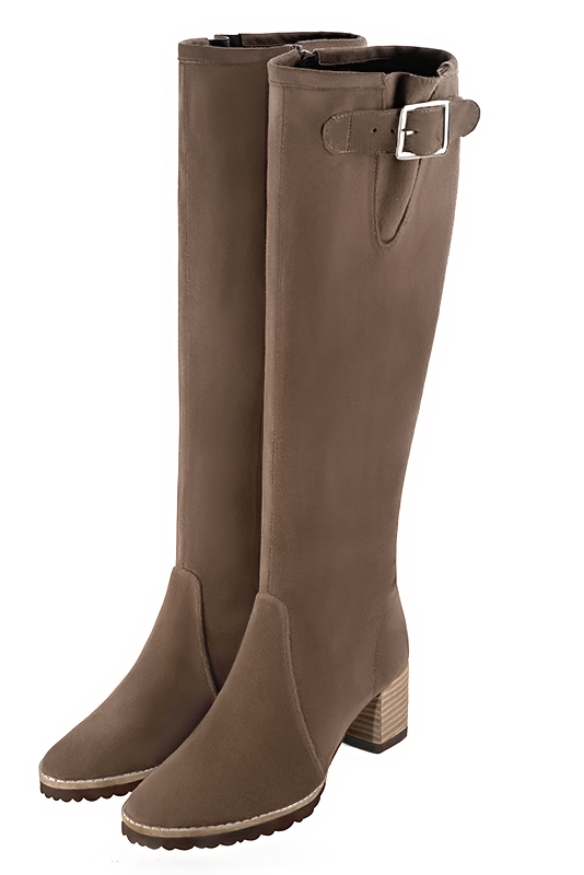 Chocolate brown women's knee-high boots with buckles. Round toe. Medium block heels. Made to measure. Front view - Florence KOOIJMAN
